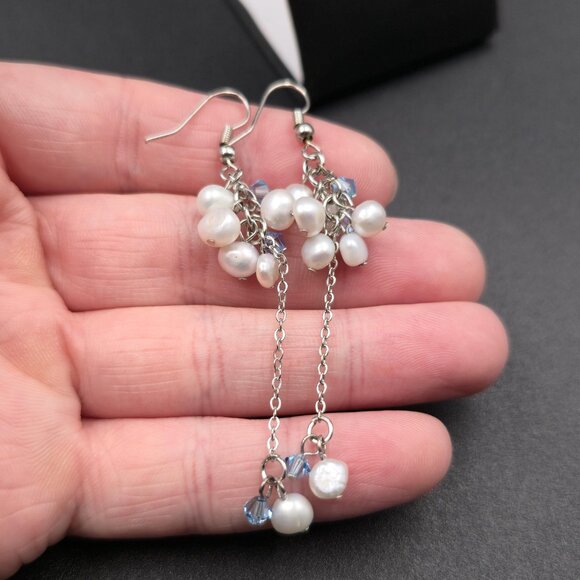 Silver Plated Genuine Pearls And Crystals Long Earrings A6483 - Picture 3 of 5